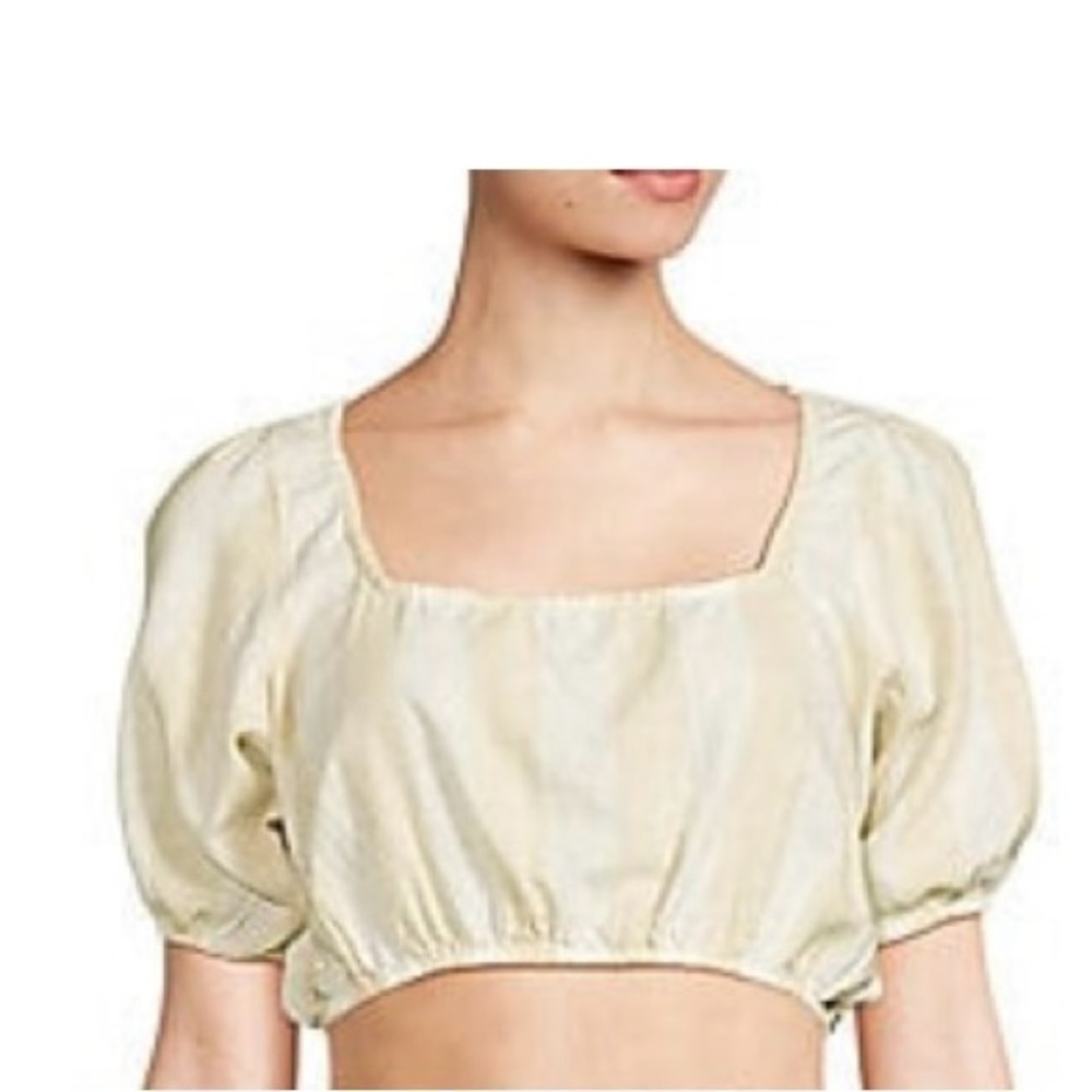 WEWOREWHAT Puff Sleeve, wide, stripe Linen Blend Crop Top tan & white size M & L